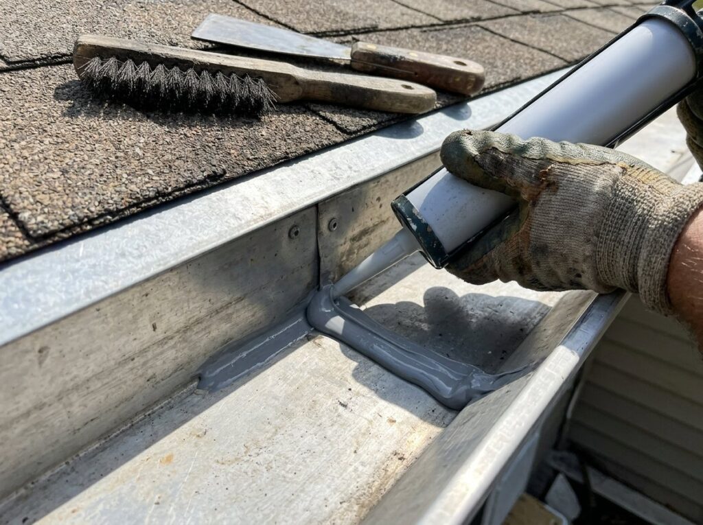 Gloved hand applying gutter sealant over a seam inside a clean aluminum gutter with a caulk gun