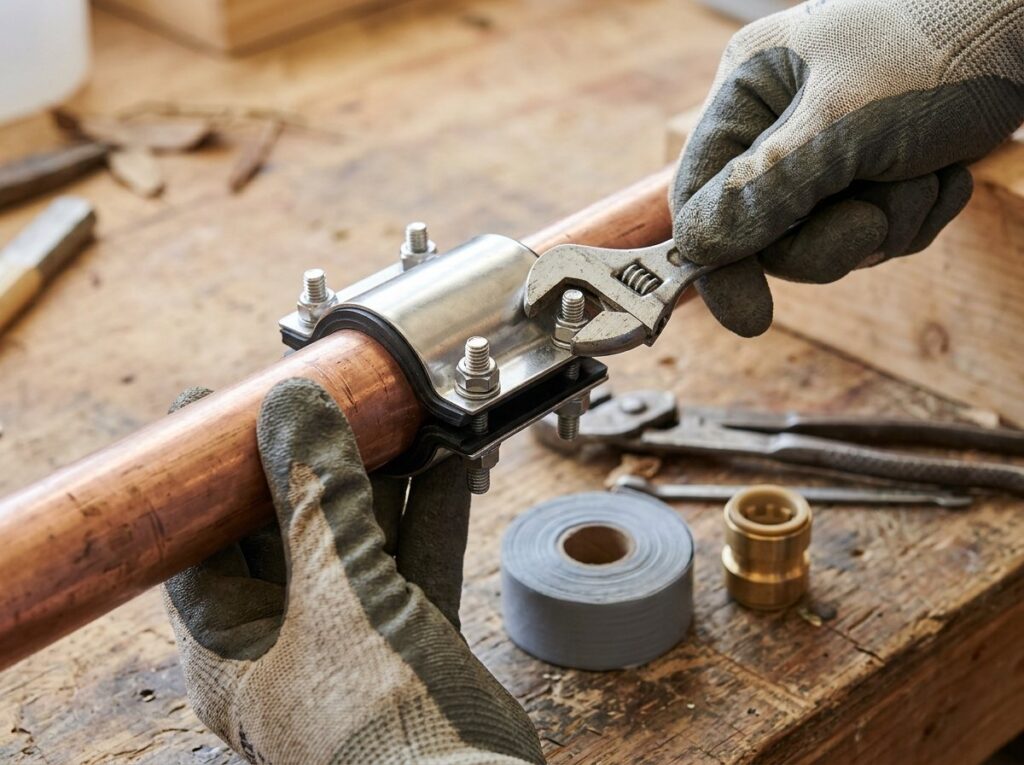 Gloved hands tightening a pipe repair clamp around a leaking copper pipe, with repair tape and a coupling nearby