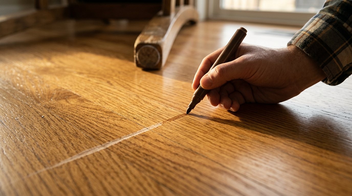 Hand using a wood-tone touch-up marker to hide a long scratch in an oak hardwood floor