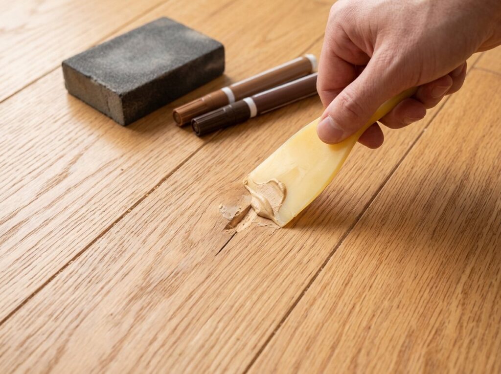 Putty knife filling a gouge in an oak floorboard with wood filler, sanding block and markers nearby
