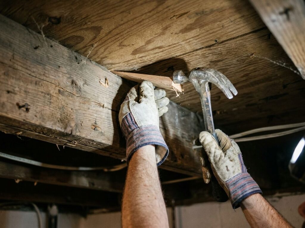Hands tapping a wood shim between a floor joist and the subfloor