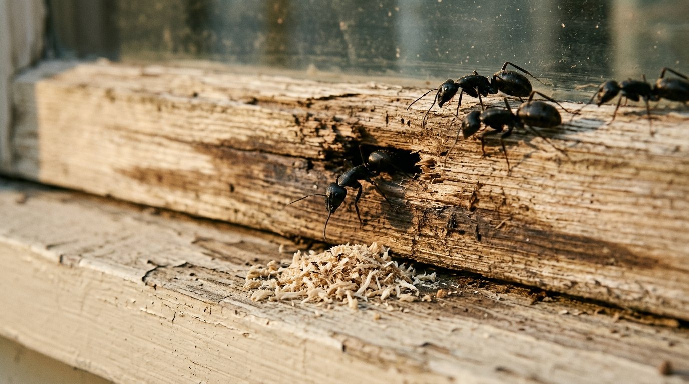 Black carpenter ants emerging from a damp wooden window sill above a small pile of sawdust-like frass