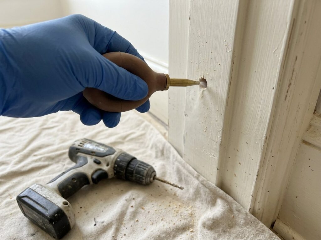 Gloved hand using a bulb duster to treat a carpenter ant nest through a small hole in wood trim