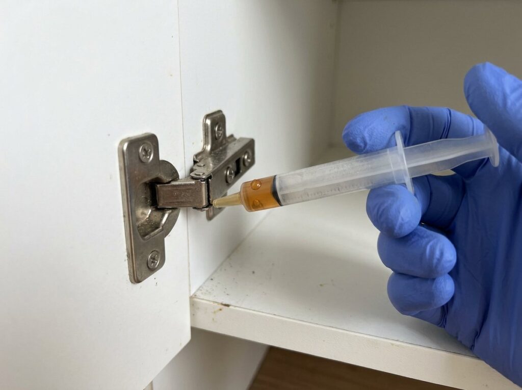 Gloved hand applying a small dab of cockroach gel bait near a kitchen cabinet hinge