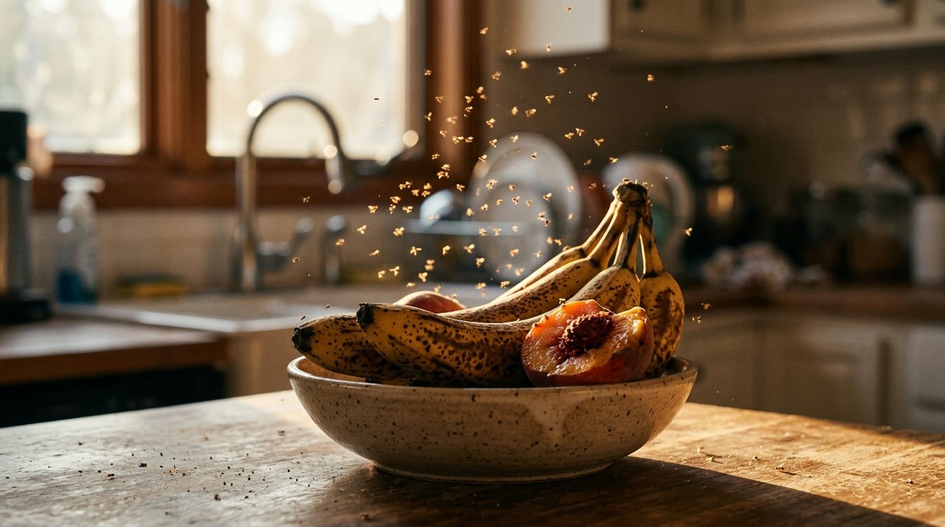 Fruit flies hovering over a bowl of overripe bananas on a kitchen counter in warm window light