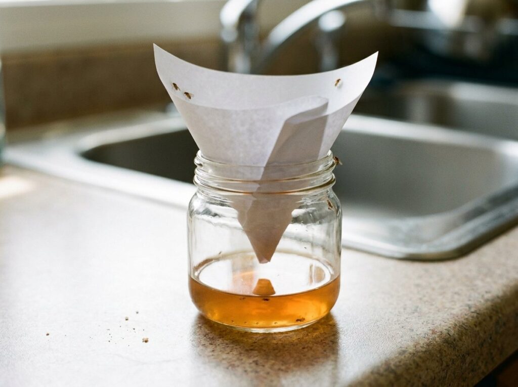 Homemade fruit fly trap made from a glass jar of cider vinegar with a paper funnel