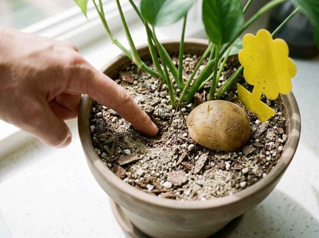Yellow sticky trap and a potato slice on houseplant soil used to catch fungus gnats and check for larvae