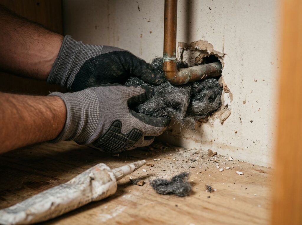 Gloved hands sealing a gap around a pipe with steel wool