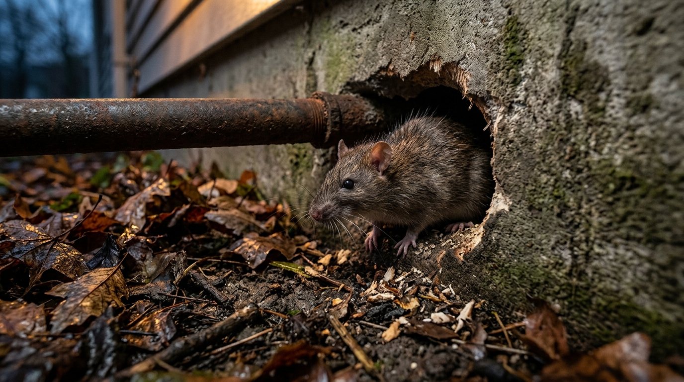 Brown rat crouched beside a gnawed gap around a pipe in a home's concrete foundation at dusk