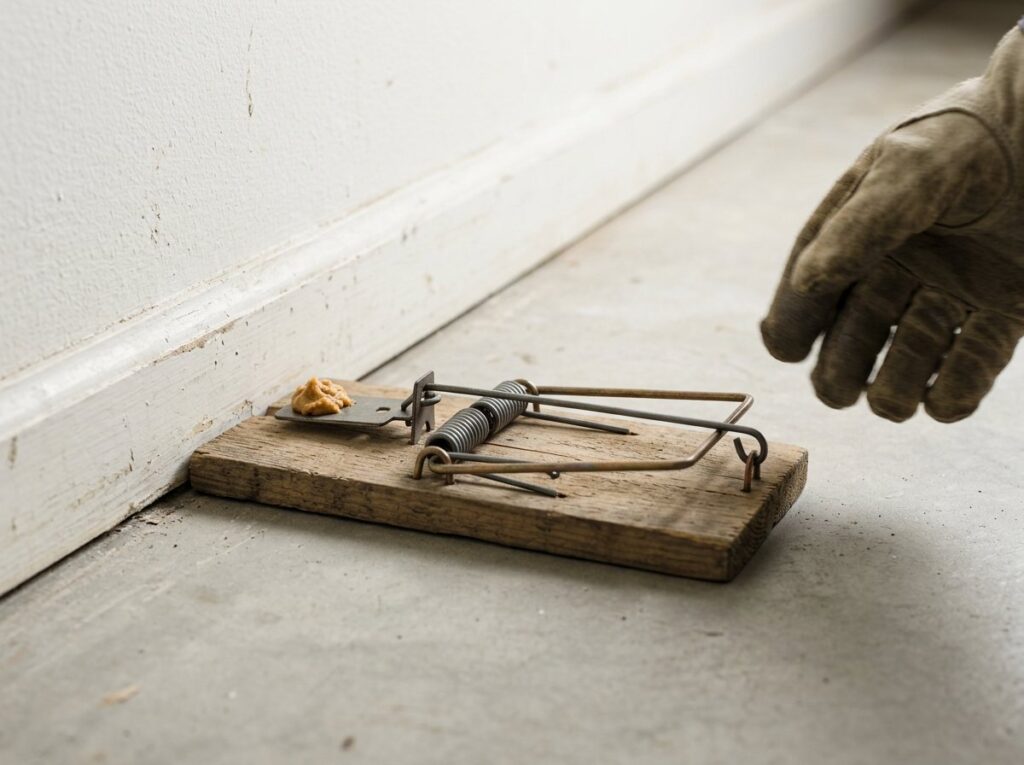 Rat snap trap baited with peanut butter set at a right angle to a basement wall