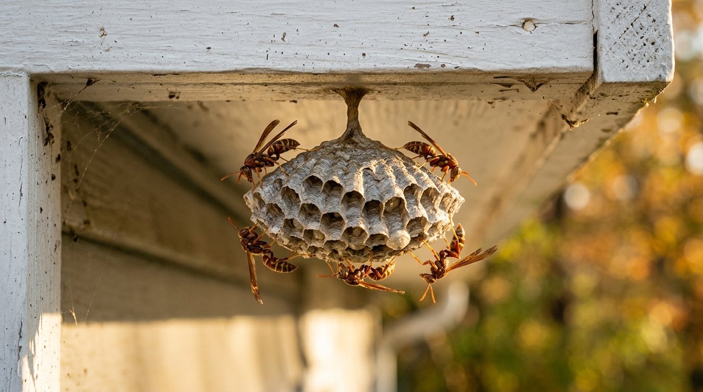 Paper wasps crawling on an open umbrella-shaped nest hanging under a house eave in warm autumn light