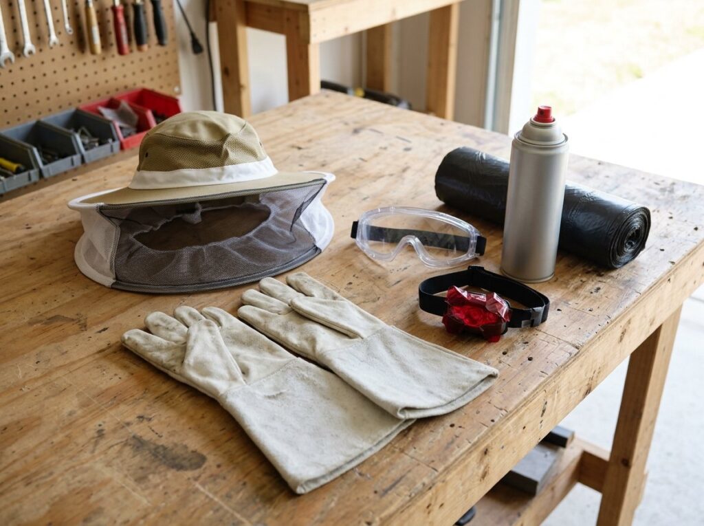 Protective gear for wasp nest removal including a bee veil, gloves, goggles and a red-filtered headlamp