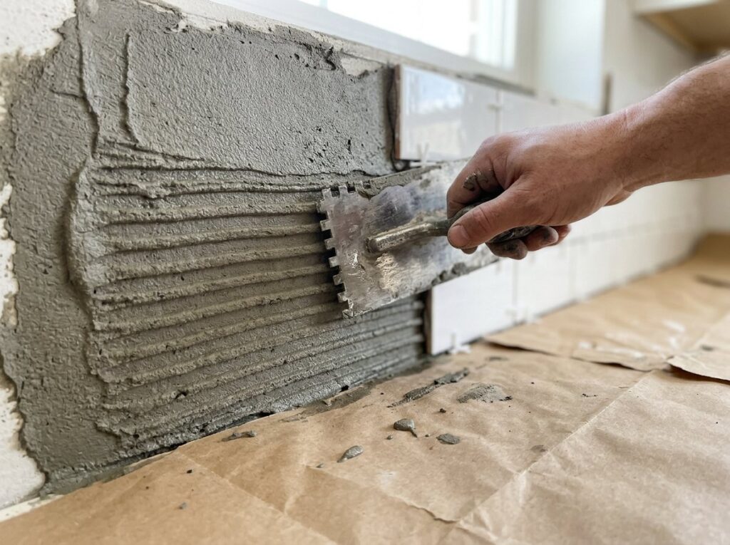 Notched trowel spreading thinset ridges on a kitchen wall beside newly set backsplash tiles