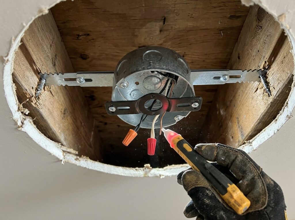 Fan-rated metal ceiling box on a brace bar with mounting bracket and capped wires, voltage tester nearby