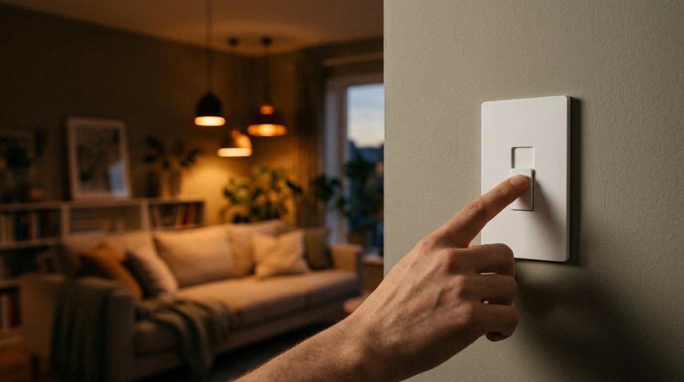 Hand adjusting a white slide dimmer switch as warm dimmed lights glow in a cozy living room