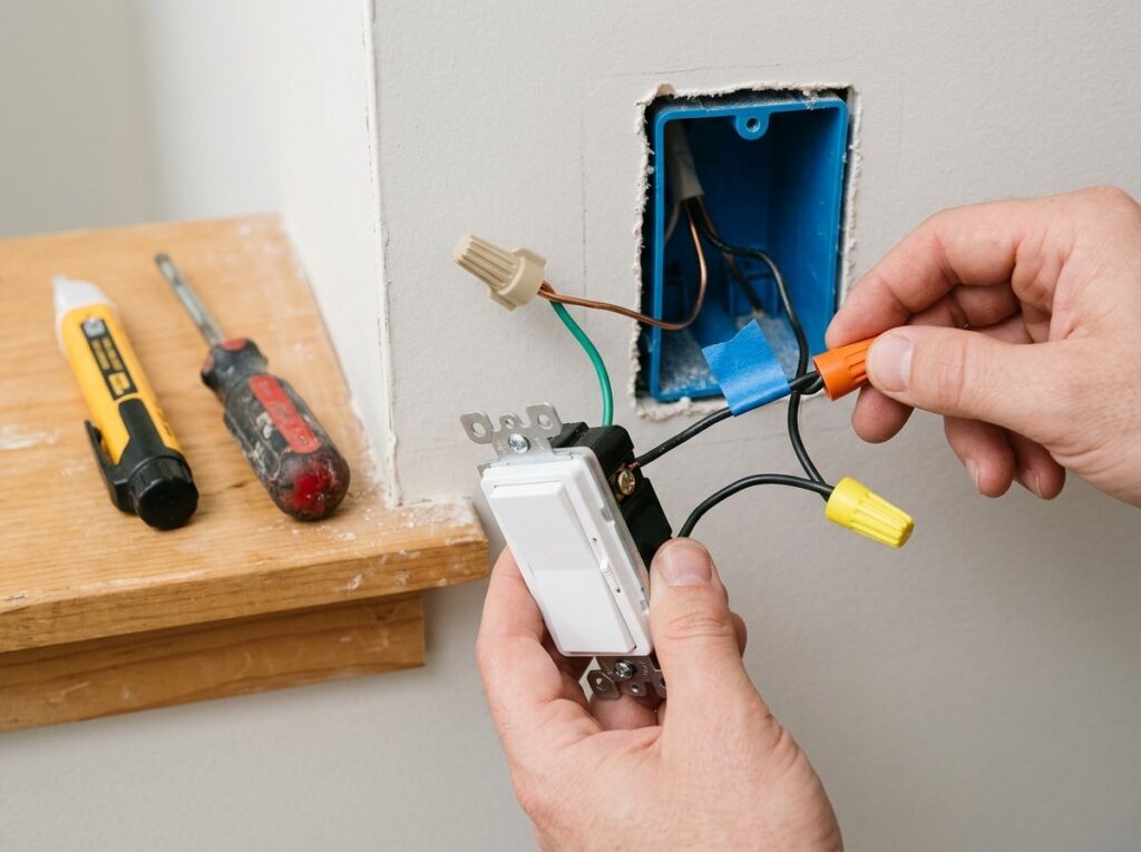 New dimmer switch with ground and black leads joined to house wires using wire connectors