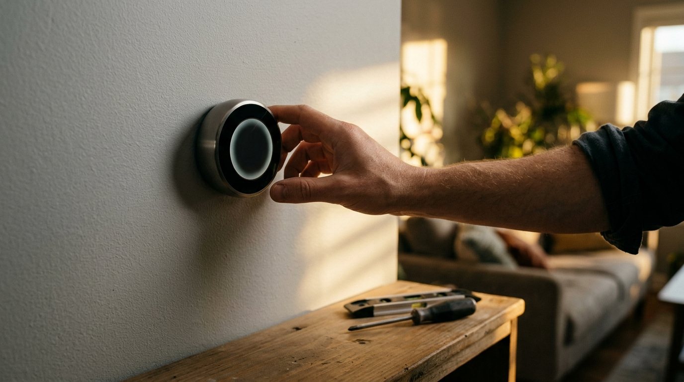 Newly installed smart thermostat glowing on a living room wall with a level and screwdriver nearby