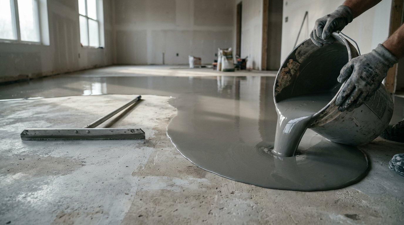 Self-leveling compound pouring from a bucket and spreading into a smooth glossy sheet on a concrete floor