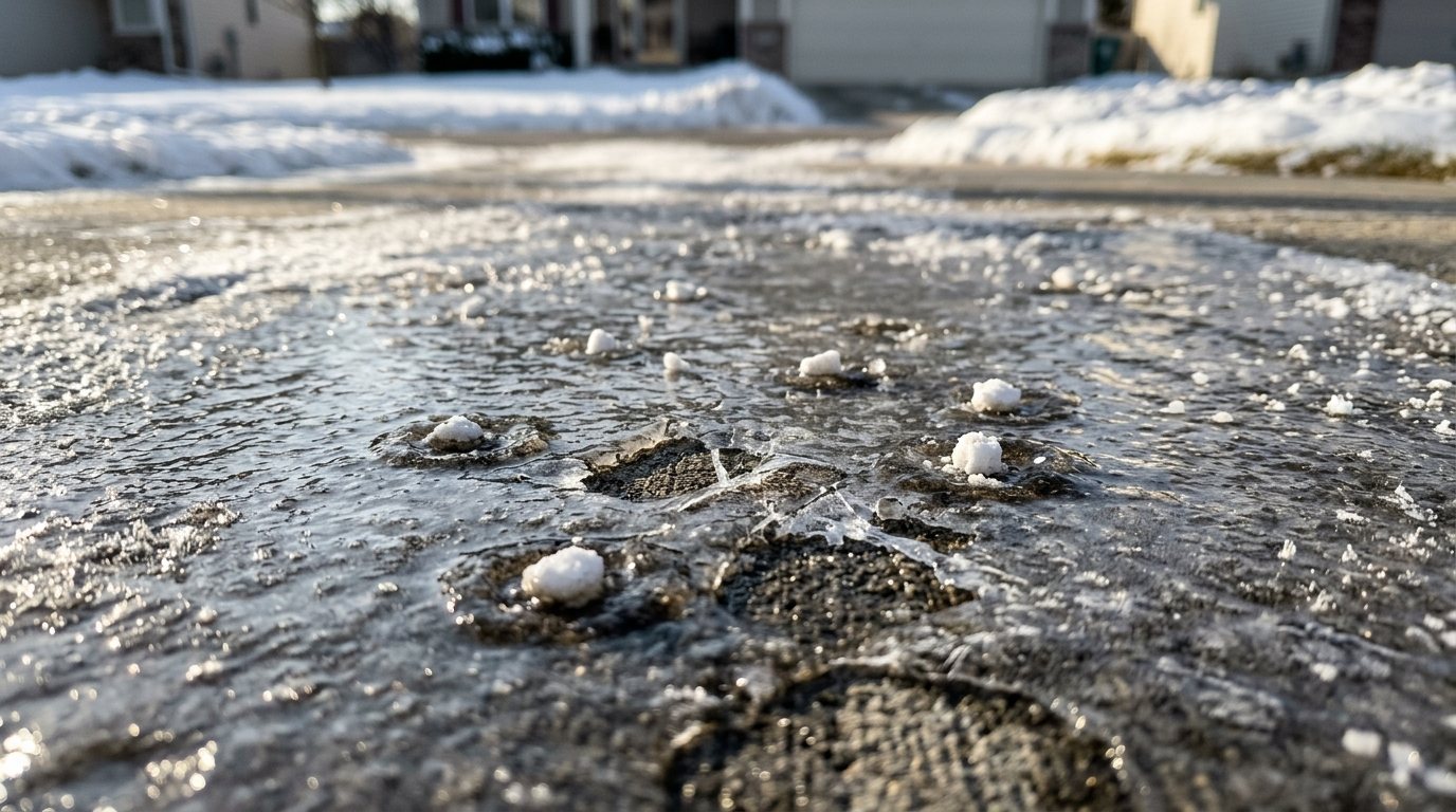 Ice melt pellets scattered on an icy concrete driveway, melting small craters through the ice