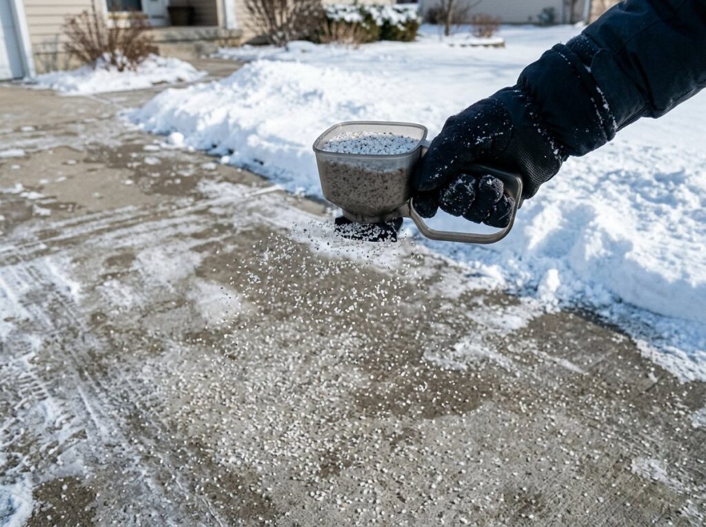 Gloved hand spreading a thin, even layer of ice melt on a shoveled concrete driveway