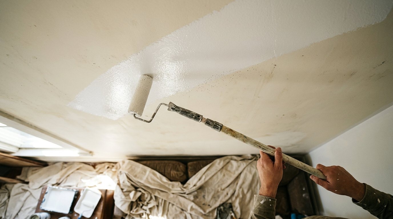 Roller on an extension pole applying fresh white paint across a dingy living room ceiling