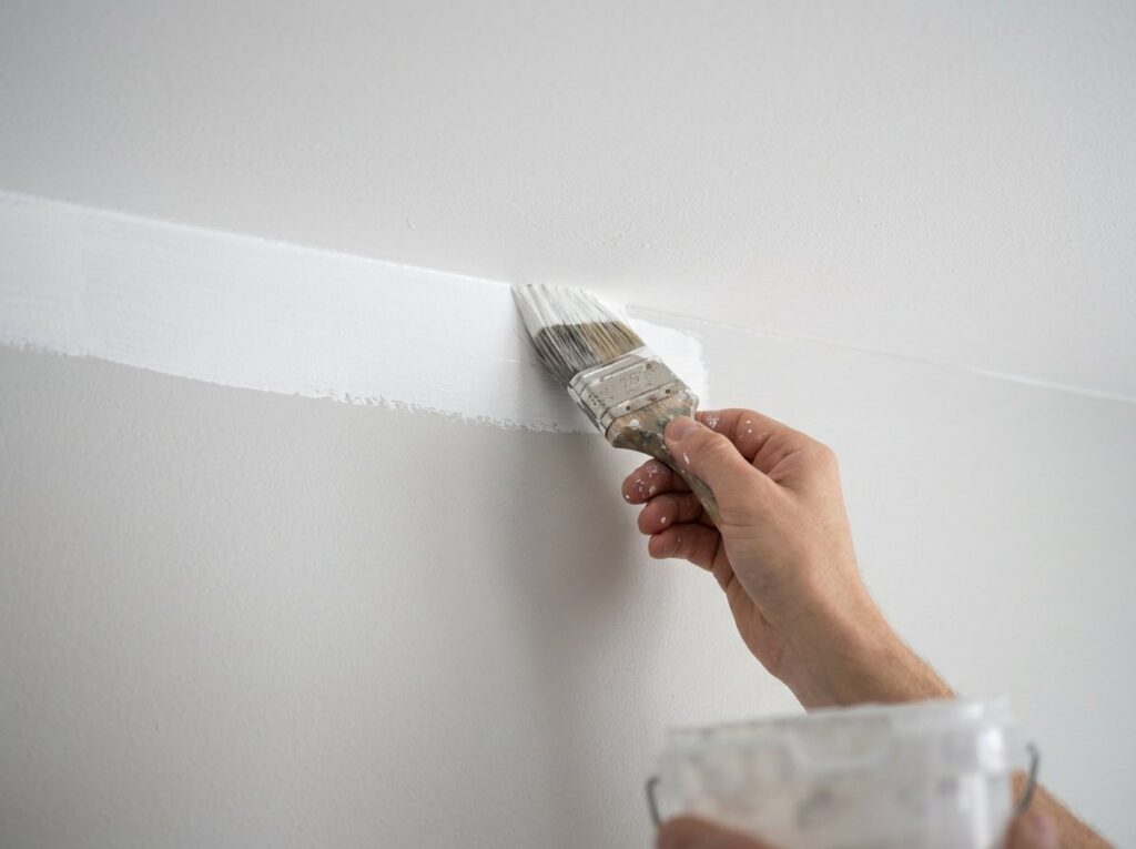 Angled brush cutting in white paint along the joint where a ceiling meets a gray wall