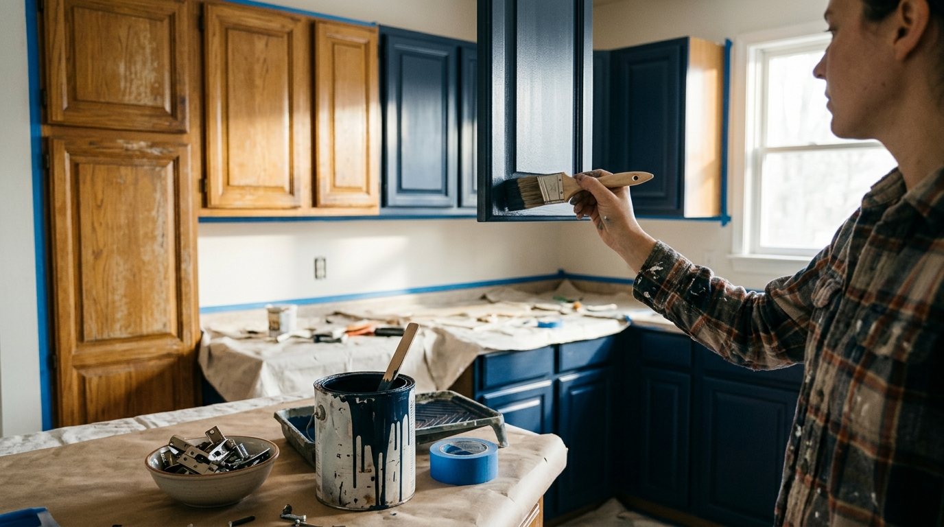 Kitchen cabinets half painted navy blue next to original oak doors during a DIY makeover