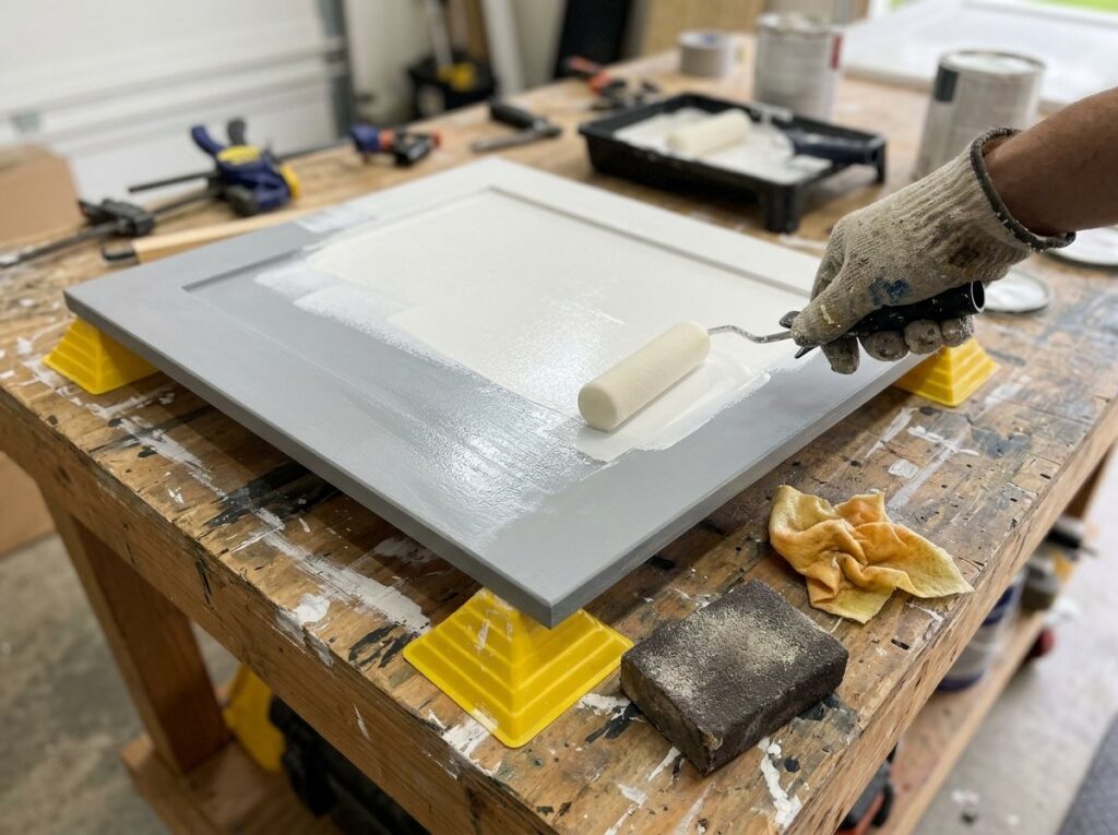 Mini roller applying white enamel to a primed cabinet door resting on painter's pyramids