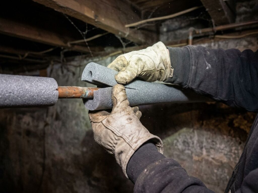 Hands in work gloves wrapping foam insulation around a copper pipe in a basement