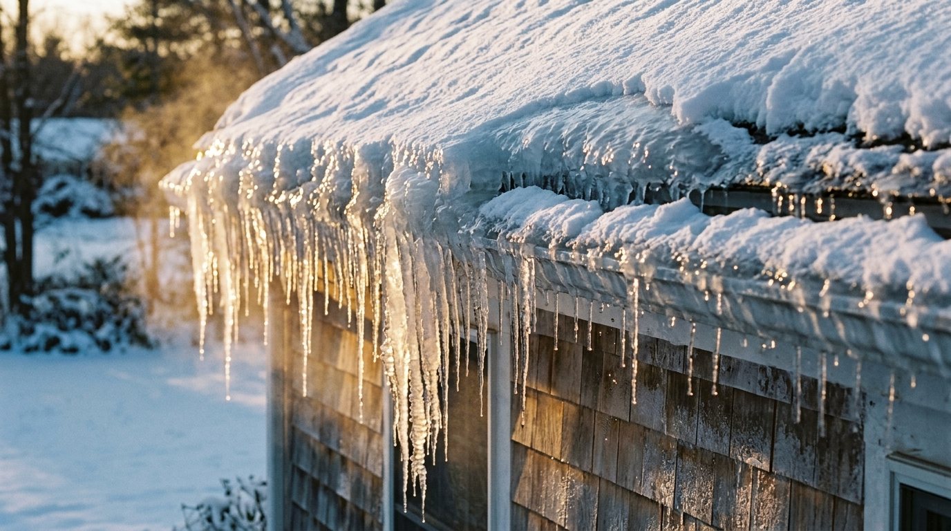 Thick ice dam and large icicles hanging from the snowy roof edge and gutter of a New England house