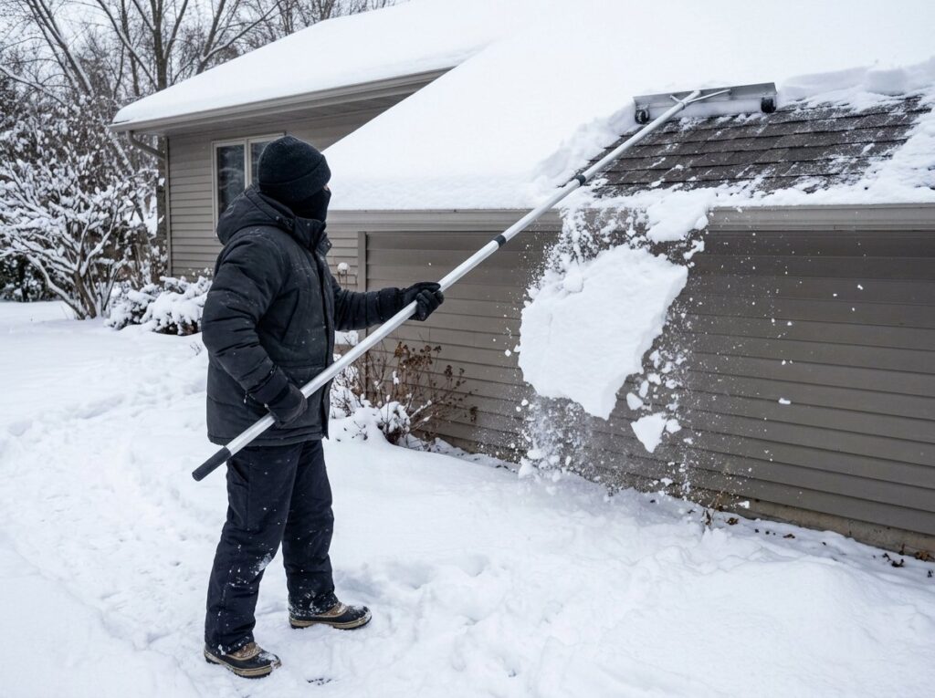 Homeowner on the ground using a long roof rake to clear snow from the lower edge of a roof to prevent ice dams