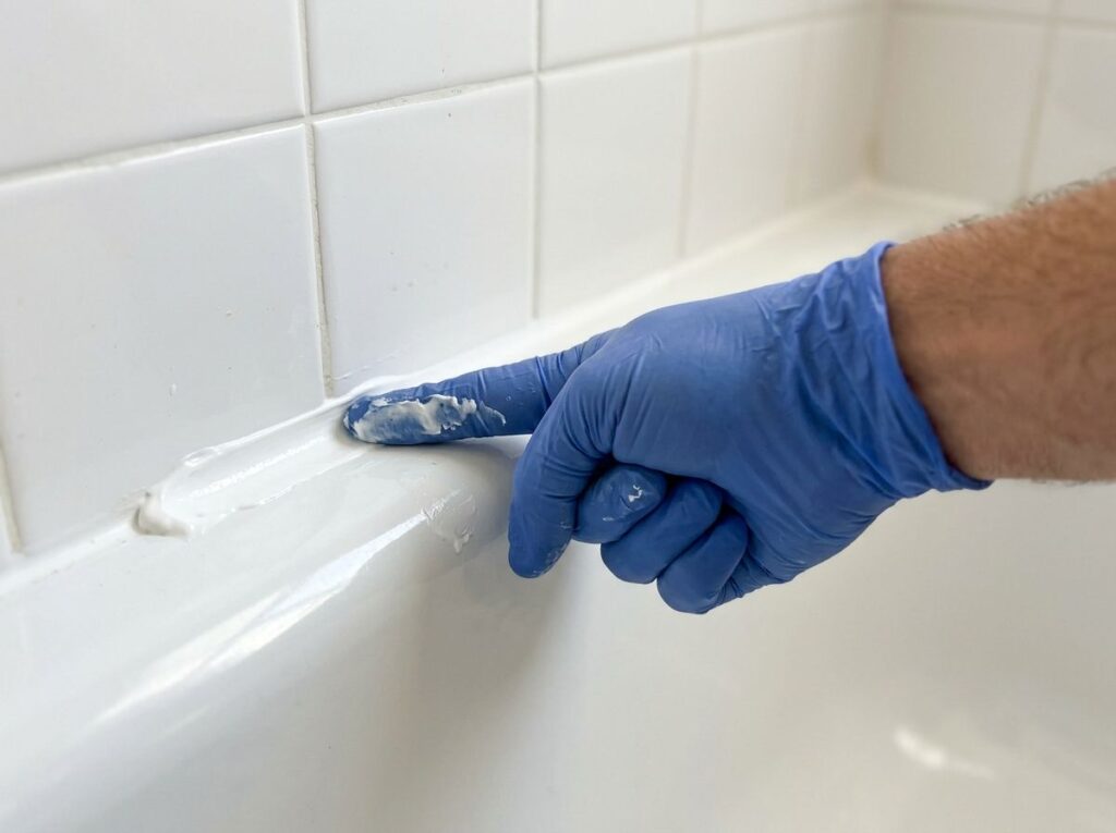 Gloved fingertip smoothing silicone caulk along a bathtub joint