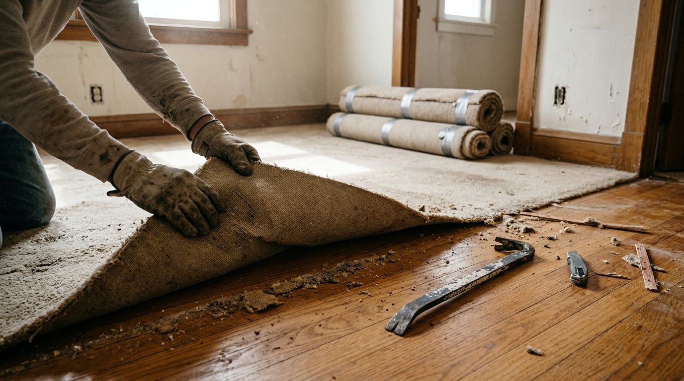 Gloved hands peeling back old beige carpet to reveal oak hardwood floor underneath