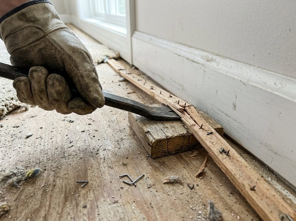 Gloved hand prying up a carpet tack strip from a plywood subfloor with a flat pry bar