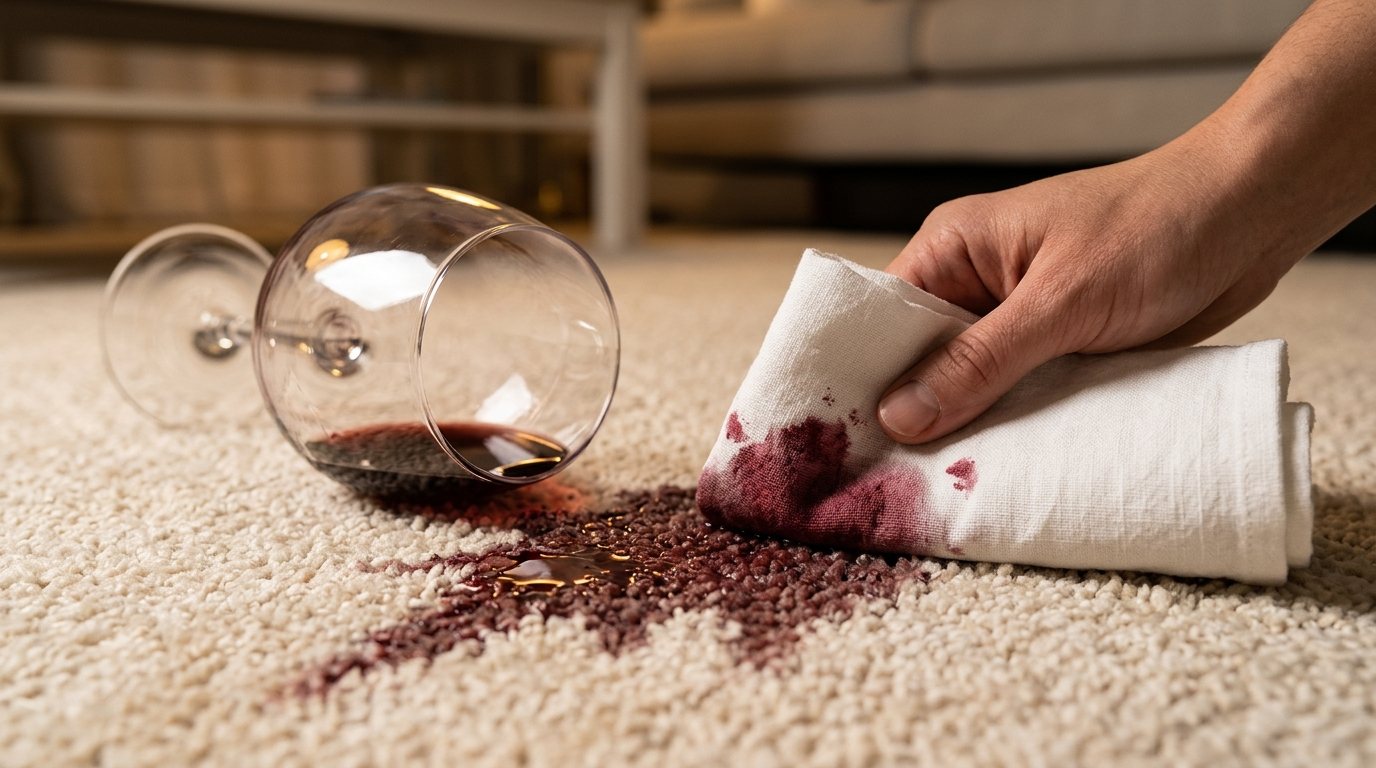 Hand blotting a fresh red wine spill on a cream carpet with a white cloth next to a tipped glass