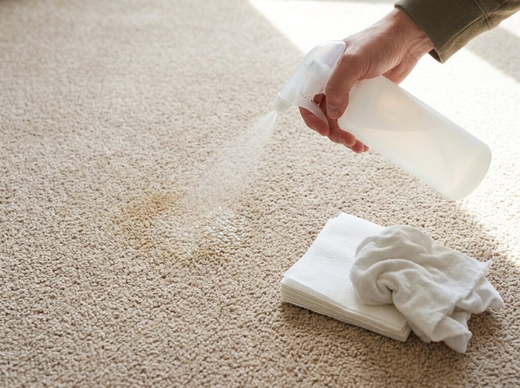 Hand misting a faded carpet stain with a spray bottle next to white paper towels and a cloth