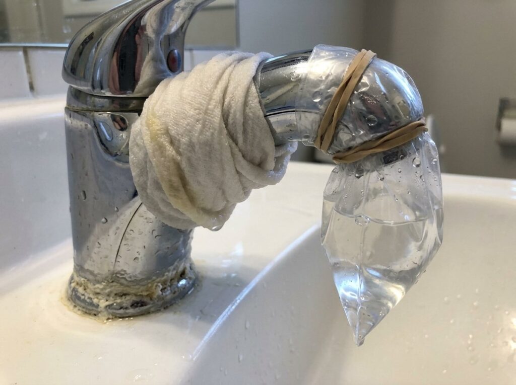 Chrome faucet wrapped in a vinegar-soaked cloth with a bag of vinegar over the aerator to dissolve scale