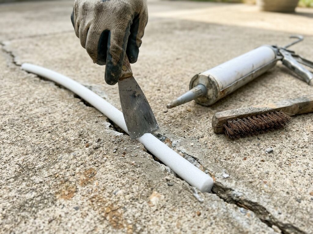 Gloved hand pressing foam backer rod into a cleaned concrete crack with a putty knife
