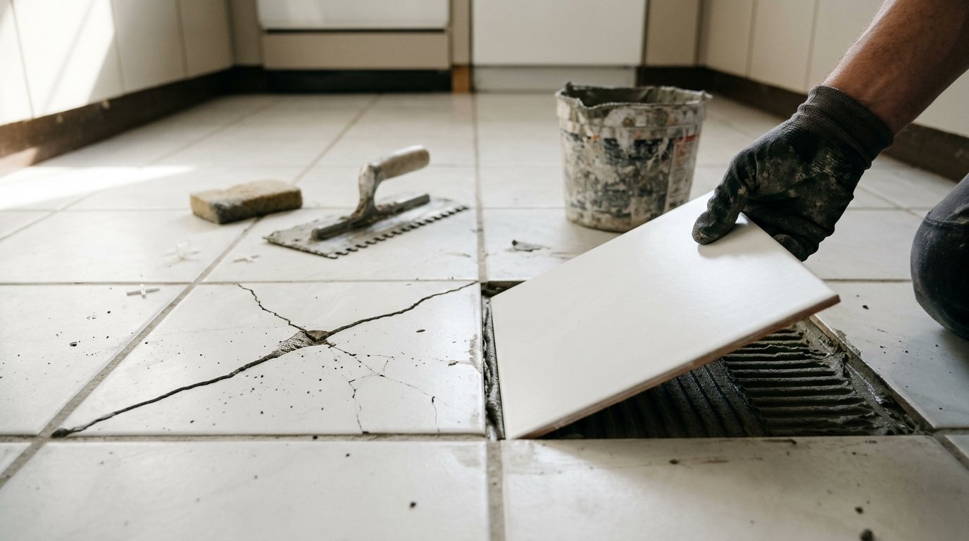 Cracked porcelain kitchen floor tile next to a new replacement tile, trowel and thinset mortar