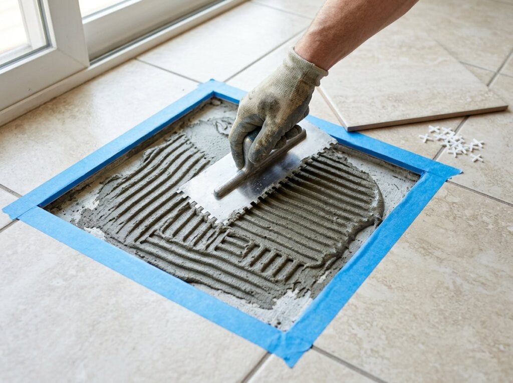 Notched trowel spreading thinset into the gap left by a removed floor tile, edges protected with tape