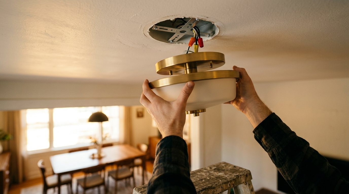 Hands lifting a new flush-mount ceiling light toward a ceiling box with a mounting bracket