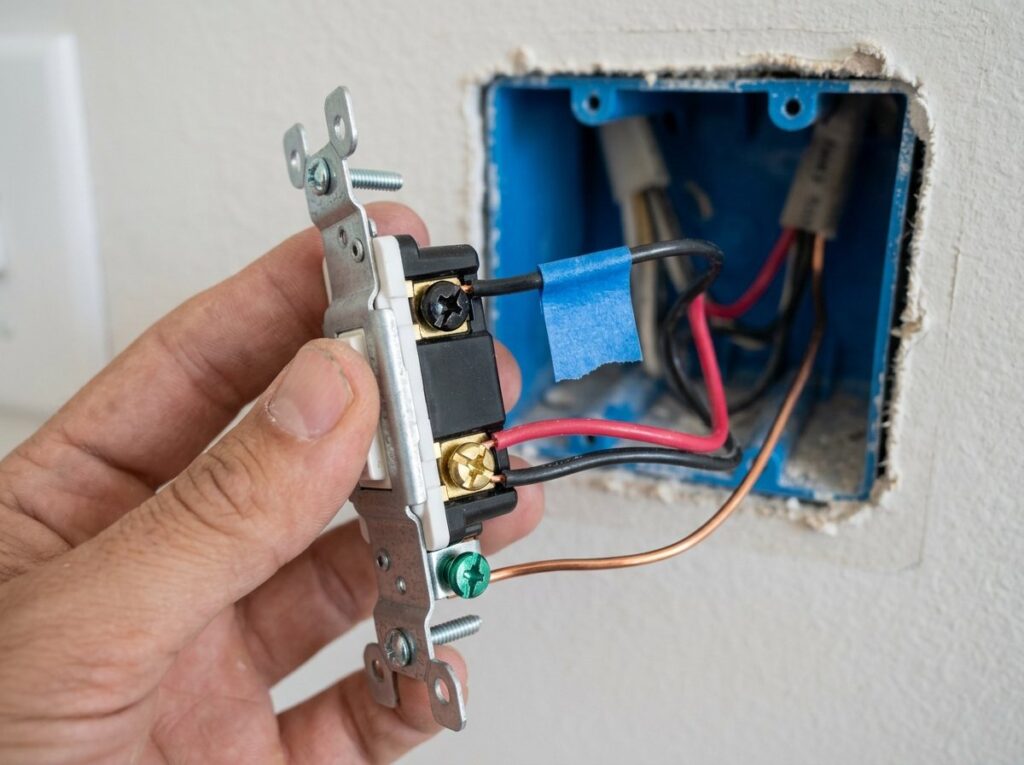 3-way light switch with tape marking the wire on the dark common screw before removal