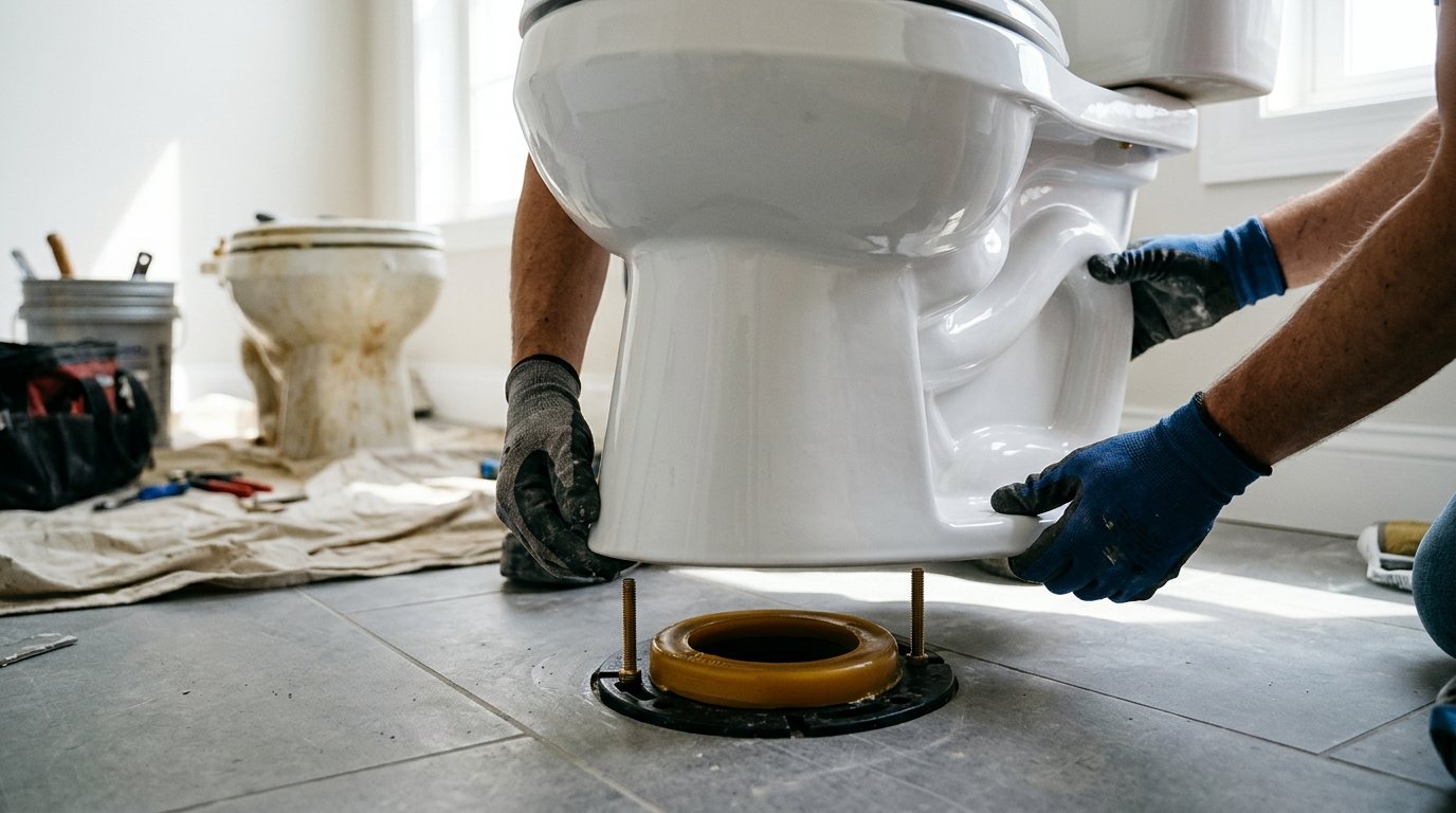 Gloved hands lowering a new white toilet onto a floor flange with a fresh wax ring in a bright bathroom