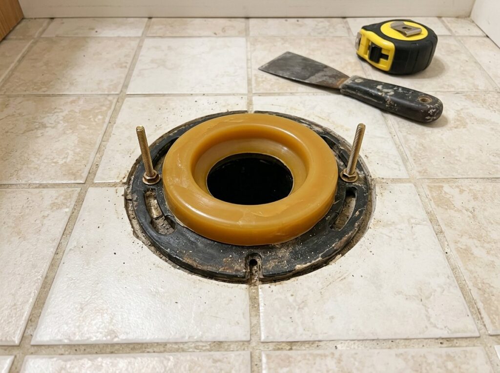 New wax ring centered on a toilet flange with closet bolts installed on a tile bathroom floor