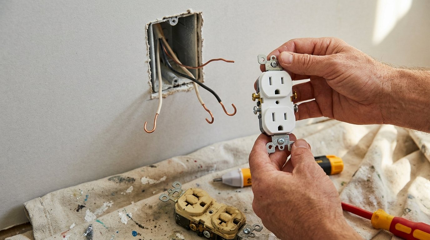 Hands holding a new tamper-resistant outlet beside an open wall box with the old outlet below