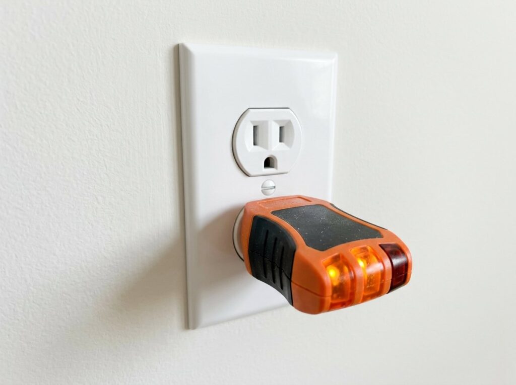 Plug-in outlet tester with glowing lights confirming a newly installed outlet is wired correctly