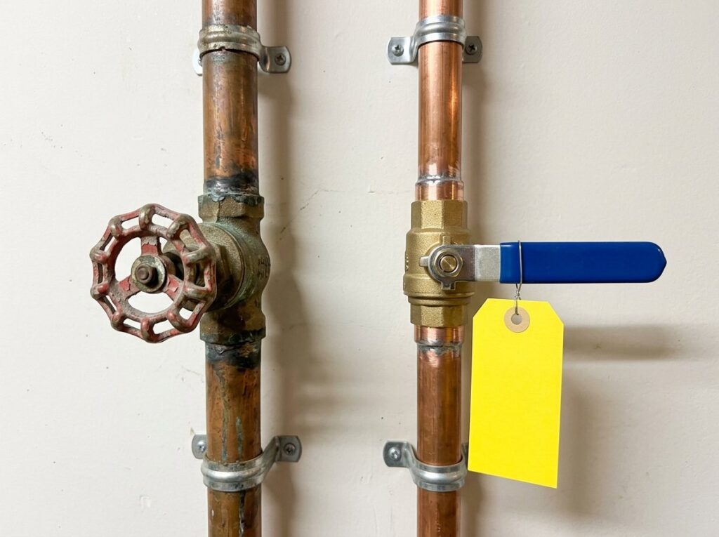 Old gate valve with a round wheel handle next to a lever ball valve shown in the closed position