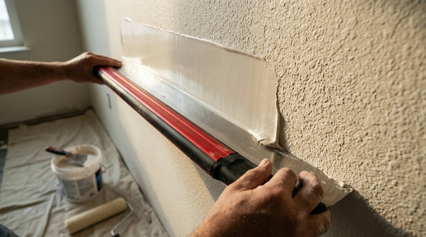 Wide skimming blade smoothing fresh joint compound over a textured wall in raking side light