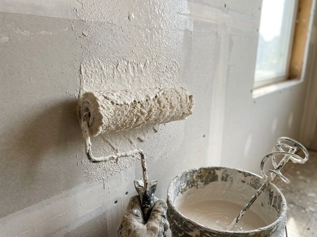 Paint roller applying thinned joint compound to a wall next to a bucket of mixed compound