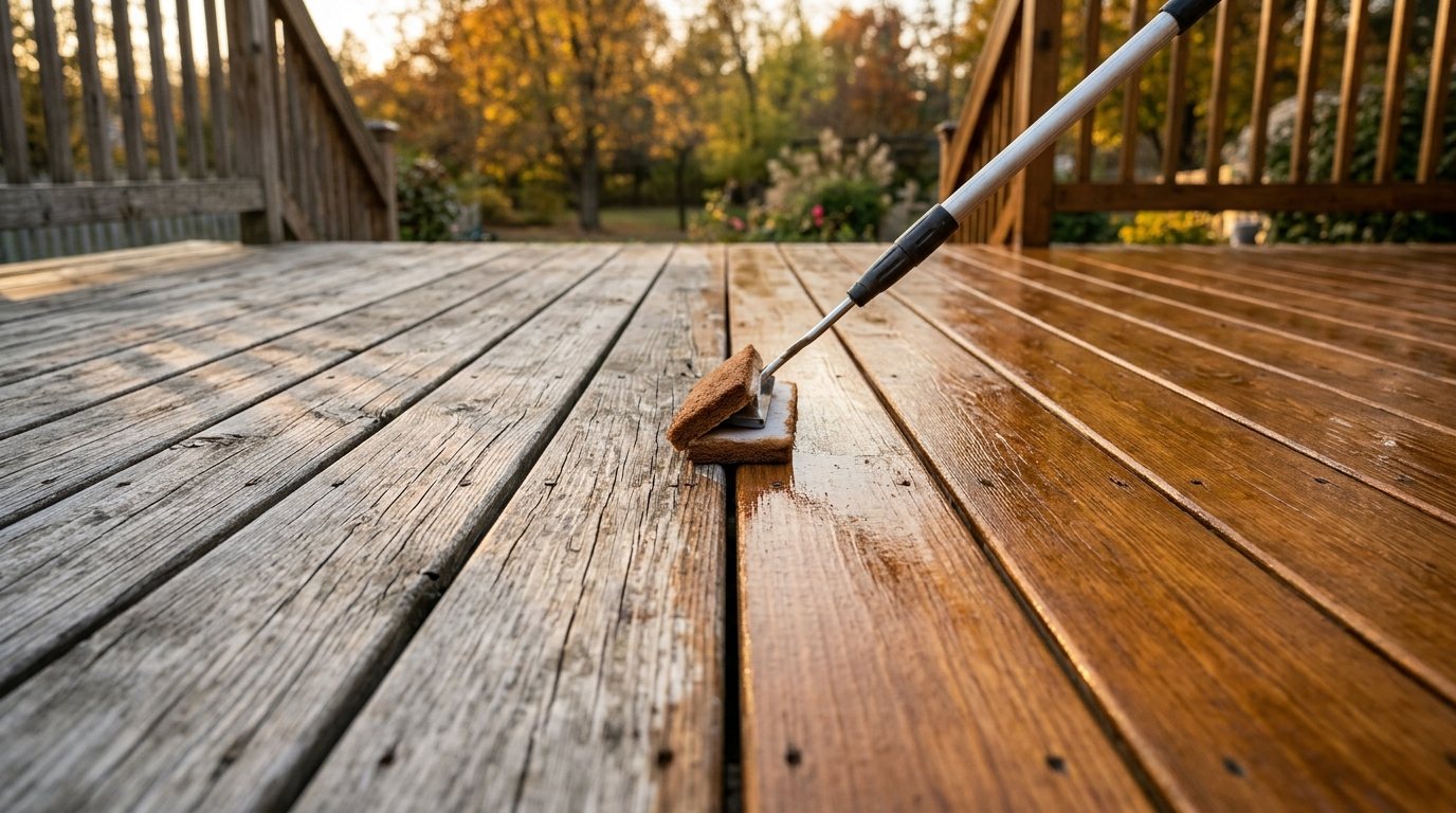 Deck half gray and weathered, half freshly coated in warm semi-transparent stain with an applicator pad